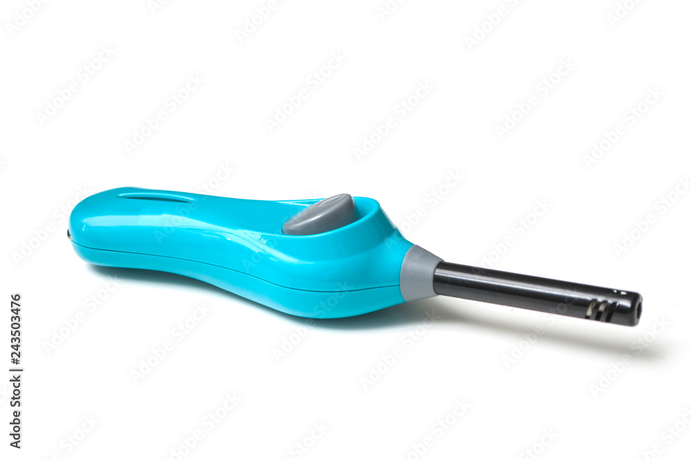 closeup of blue lighter on white background closeup of blue lighter on white background