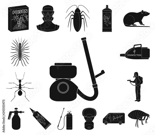 Pest, poison, personnel and equipment black icons in set collection for design. Pest control service vector symbol stock web illustration.