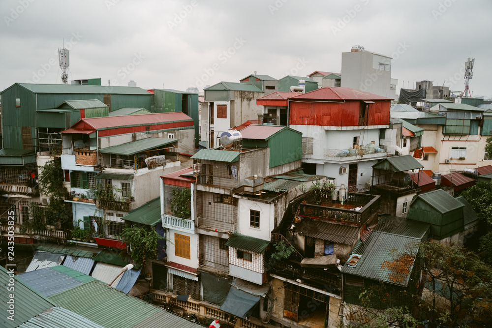 Fototapeta premium Hanoi city old town aerial skyline. Vietnam cityscape at rainy day