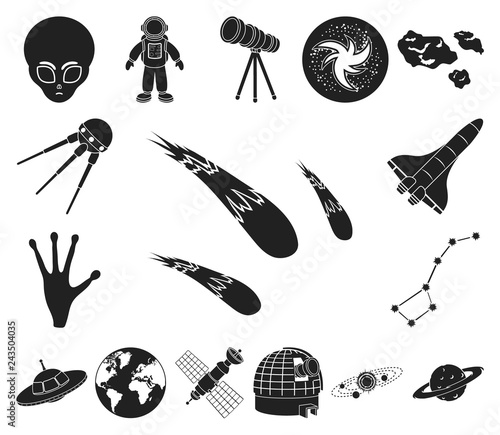 Space technology black icons in set collection for design.Spacecraft and equipment vector symbol stock web illustration.