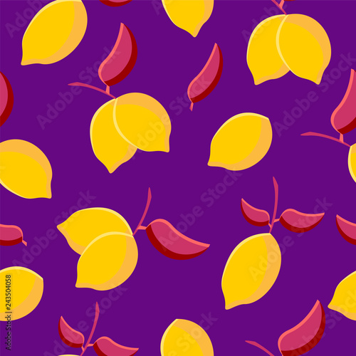 Fototapeta Naklejka Na Ścianę i Meble -  Seamless pattern of citrus with leaf in purple color background. Vector illustration for banner, wallpaper, textile, fashion, card, banner.