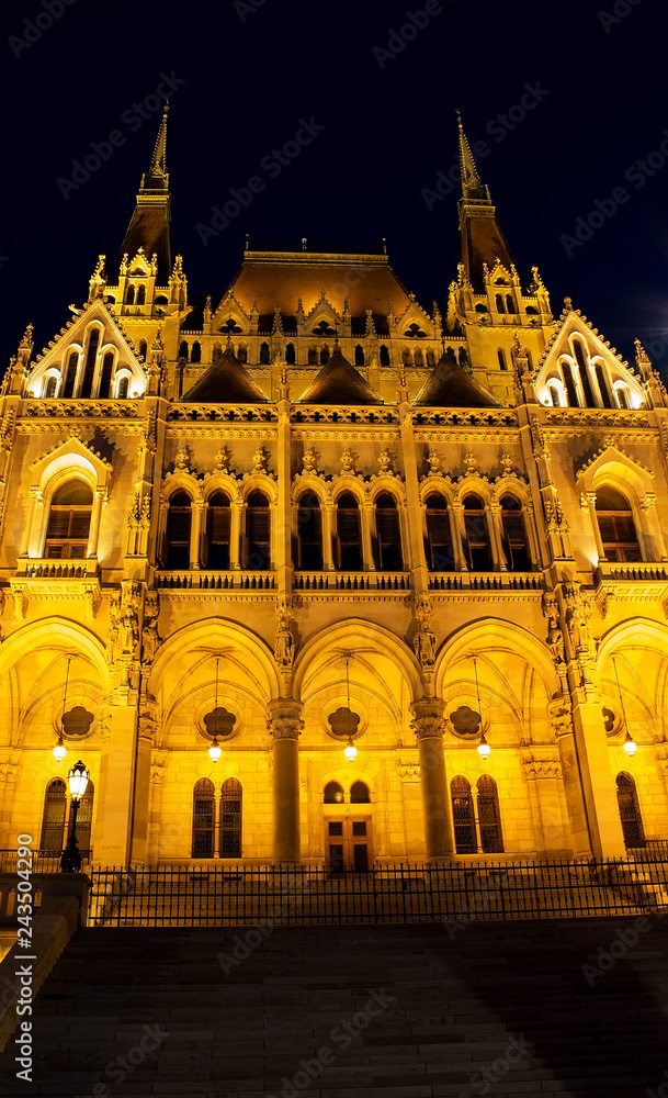 Part of the building of the Hungarian Parliament in the evening