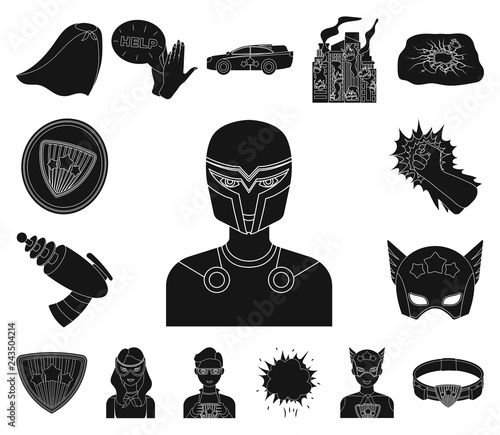 A fantastic superhero black icons in set collection for design. Superhero's equipment vector symbol stock web illustration.