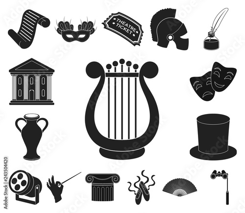 Theatrical art black icons in set collection for design.Theater equipment and accessories vector symbol stock web illustration.