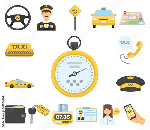 Taxi service cartoon icons in set collection for design. Taxi driver and transport vector symbol stock web illustration.
