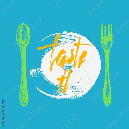 Banner of spoon, fork, plate and text 'taste it'.