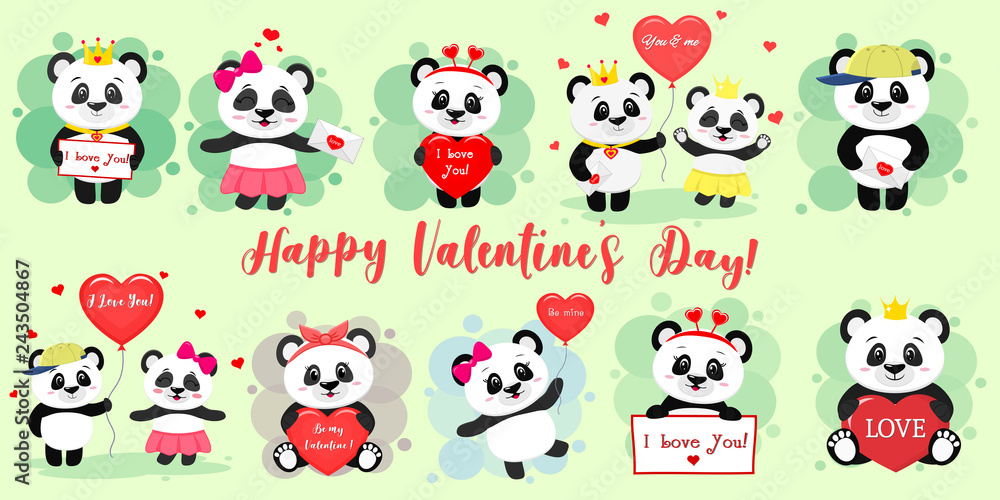 Happy Valentine s Day. Set of six characters cute pandas in various poses and accessories in a cartoon style. With a red heart, balloon, letter. Flat design vector