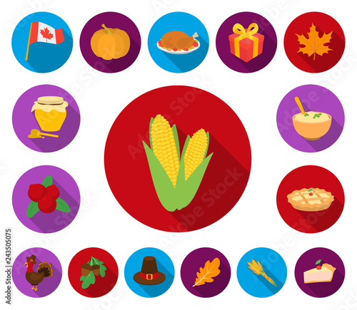 Canada Thanksgiving Day flat icons in set collection for design. Canada and Tradition vector symbol stock web illustration.