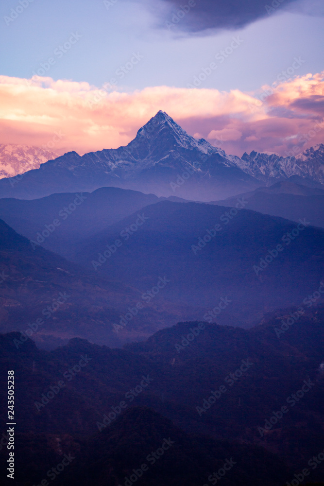 Machapuchare Mountain in Nepal during sunset