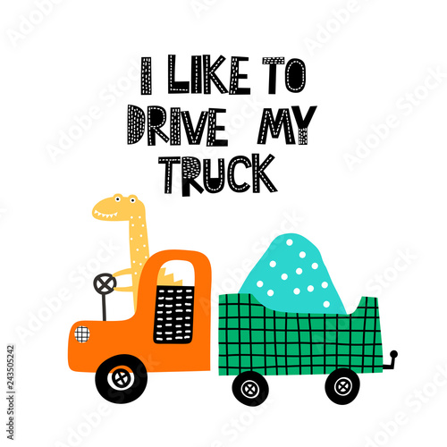 Cute dino traveling in truck. Fun dinosaur driving a truck. Vector for baby fashion print. Vector illustration.