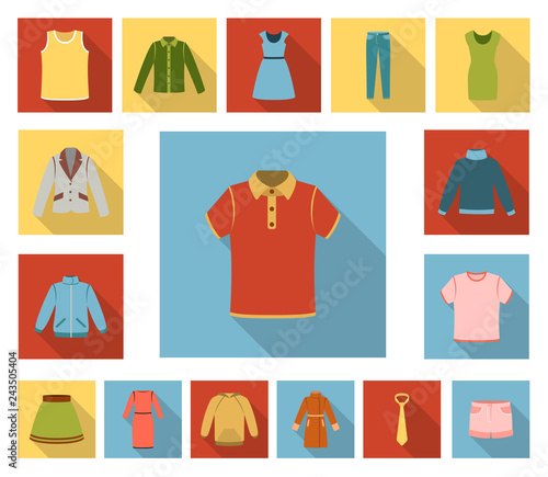 Different kinds of clothes flat icons in set collection for design. Clothes and style vector symbol stock web illustration.