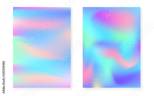Holographic gradient background set with hologram cover. 90s, 80s retro style. Pearlescent graphic template for brochure, banner, wallpaper, mobile screen. Trendy minimal holographic gradient.