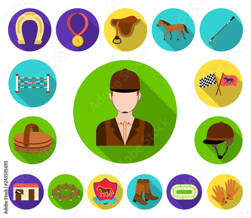 Hippodrome and horse flat icons in set collection for design. Horse Racing and Equipment vector symbol stock web illustration.