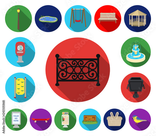 Park, equipment flat icons in set collection for design. Walking and rest vector symbol stock web illustration.