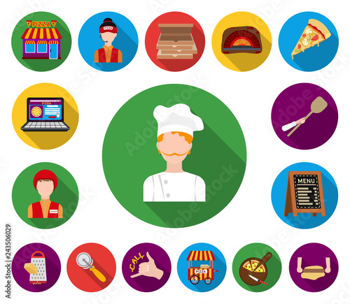 Pizza and pizzeria flat icons in set collection for design. Staff and equipment vector symbol stock web illustration.