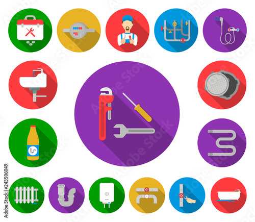 Plumbing, fitting flat icons in set collection for design. Equipment and tools vector symbol stock web illustration.