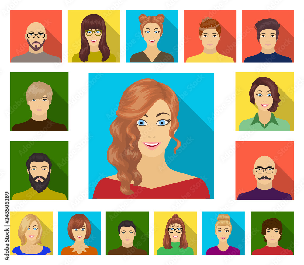 Plakat Avatar and face flat icons in set collection for design. A person's appearance vector symbol stock web illustration.