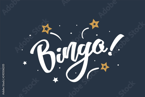 Bingo lettering card, banner. Beautiful greeting scratched calligraphy white text word stars. Hand drawn invitation print design. Handwritten modern brush blue background isolated vector