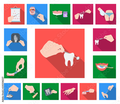 Manipulation by hands flat icons in set collection for design. Hand movement in medicine vector symbol stock web illustration.