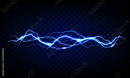 Blue vector lightning on transparent background. Realistic vector illustration
