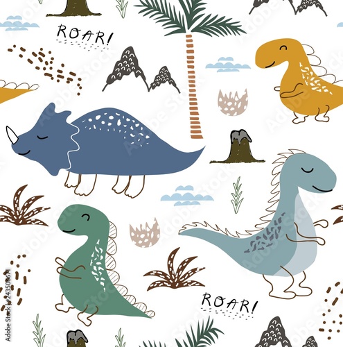 childish dinosaur seamless pattern for fashion clothes, fabric, t shirts. hand drawn vector with lettering.