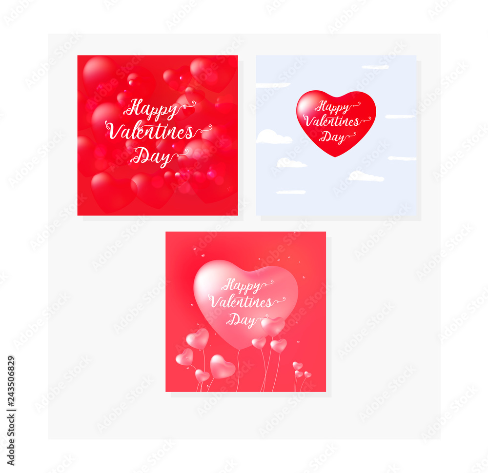 Happy Valentine's Day set cards with calligraphy text and red baloon hearts. Vector illustration - obrazy, fototapety, plakaty 