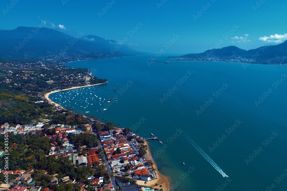 Ilhabela, Brazil: Aerial view of a beautiful sea with clear weather. Fantastic landscape. Great beach scene