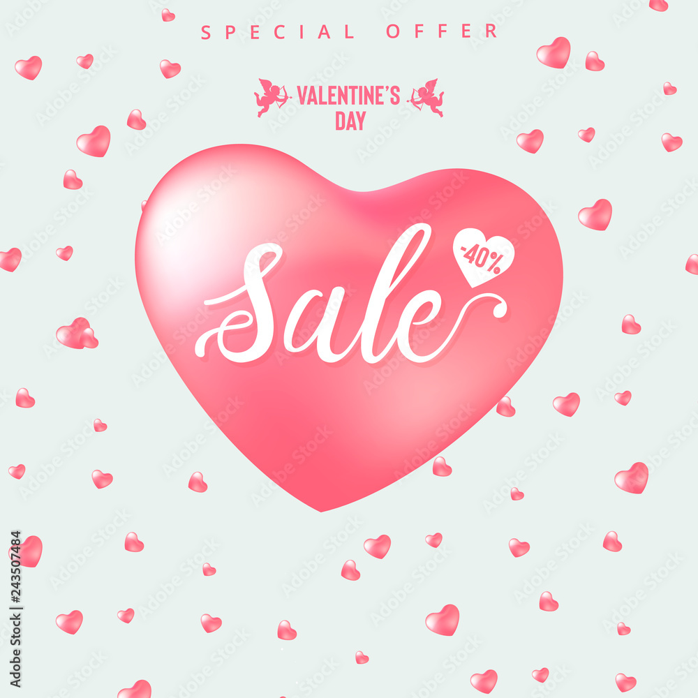Happy Valentine's Day sale banner with calligraphy text and red baloon hearts. Vector illustration