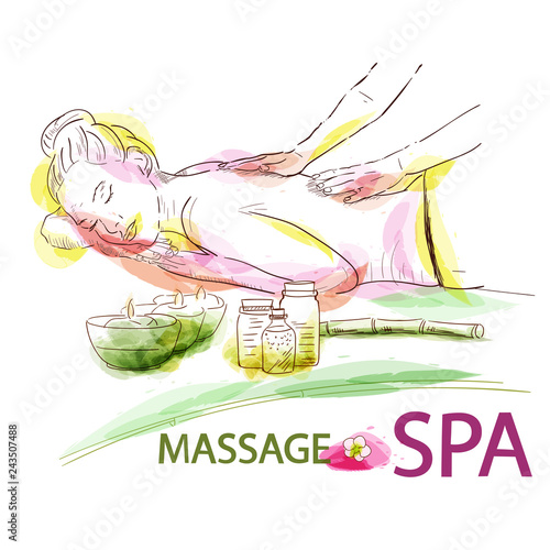 Massage and spa. Massage woman hands. Watercolor. Colored hand sketch massage.