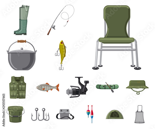 Vector design of fish and fishing sign. Collection of fish and equipment vector icon for stock.