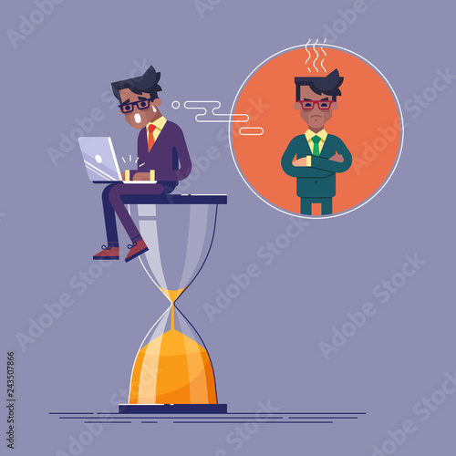 An alarmed african american worker is sitting on an hourglass with laptop and rushing to finish his project. Deadline.Time is running out. Business concept of time management and procrastination. 