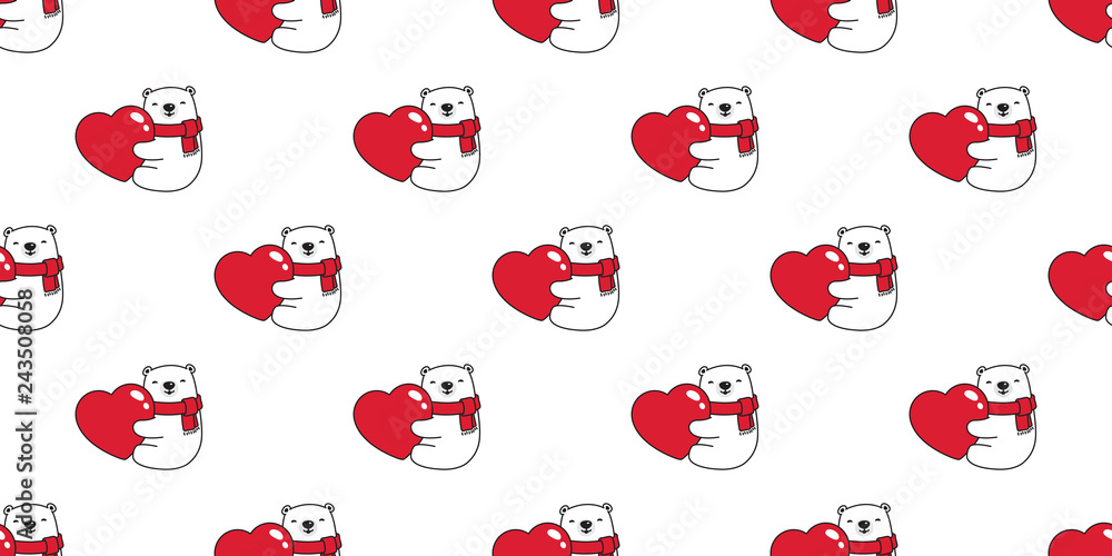 Fototapeta premium Bear seamless pattern vector polar bear heart valentine hug cartoon illustration scarf isolated repeat wallpaper tile background