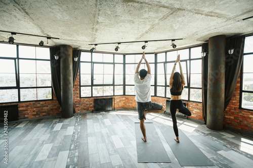 Practice yoga together concept, copy space