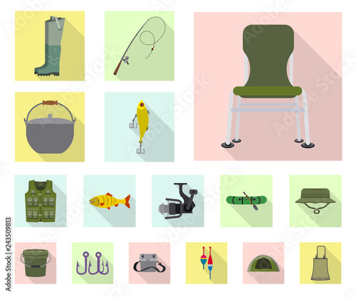 Vector illustration of fish and fishing sign. Collection of fish and equipment stock vector illustration.