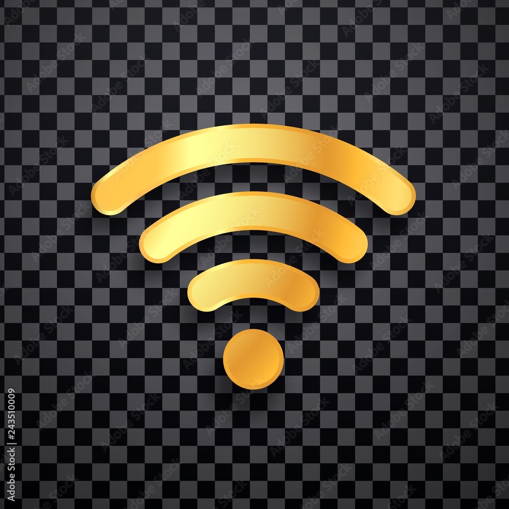 Golden wifi vector icon. Gold wi fi wireless sign. Isolated wi-fi logo on transparent background - obrazy, fototapety, plakaty 