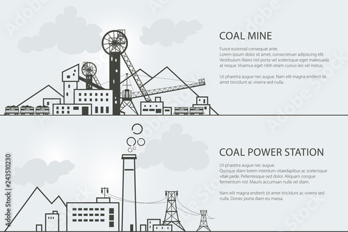 Set of Horizontal Banners with Coal Mining and Power Station, Complex Industrial Facilities with Spoil Tip and with Rail Cars , Power Line and Mine, Coal and Energy Industry, Vector Illustration