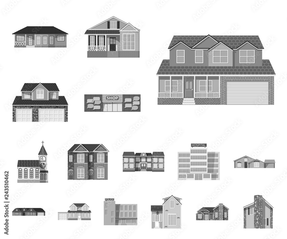 Vector illustration of building and front sign. Set of building and roof stock symbol for web.