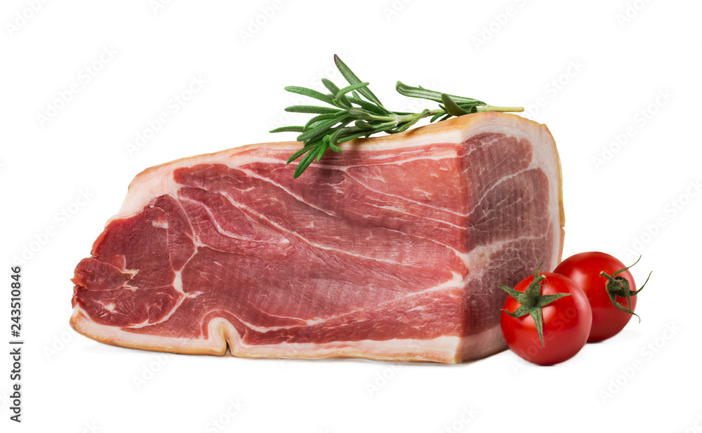 The finest prosciutto with rosemary and tomatoes on white background The finest prosciutto with rosemary and tomatoes on white background