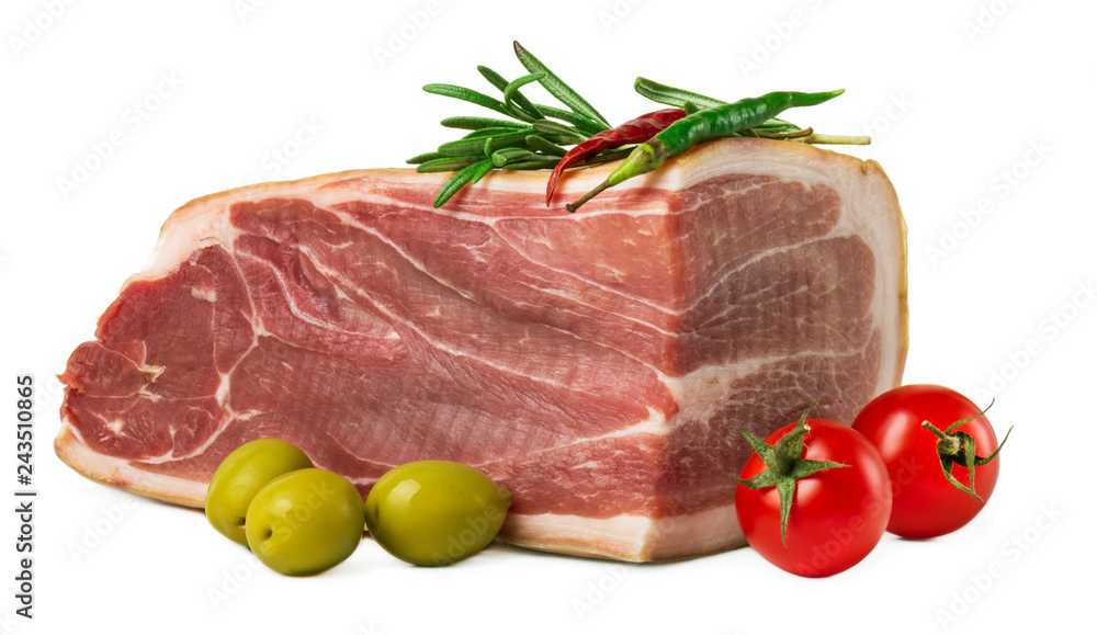 The finest prosciutto  with rosemary, tomatoes and olives on white background