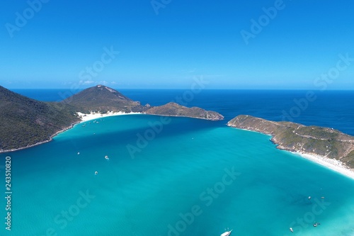 Arraial do Cabo, Brazil: Aerial view of a paradise sea with crystal water. Fantastic landscape. Great beach view. Brazillian Caribbean.