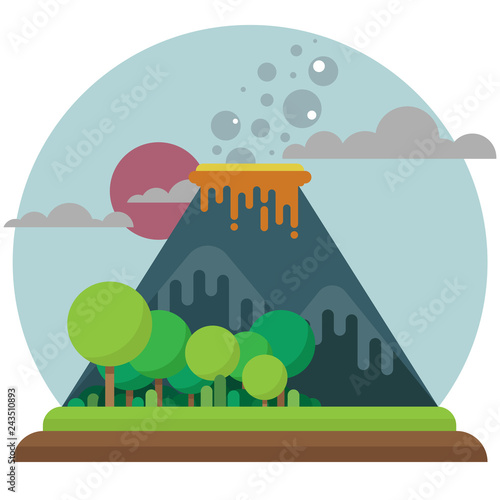 An active volcano and two extinct. Beautiful green forest in the foreground. White round frame. Setting sun. Smoke and ash fly out of a volcano ven