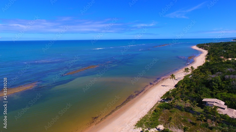 Aerial view of a paradise sea with clear water. Fantastic landscape. Great beach view. Arraia d’Ajuda, Bahia, Brazil