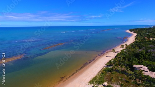 Aerial view of a paradise sea with clear water. Fantastic landscape. Great beach view. Arraia d’Ajuda, Bahia, Brazil