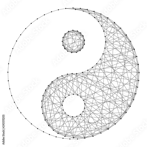 Yin-yang symbol of universality and harmony of dualism of forces from abstract futuristic polygonal black lines and dots. Vector illustration.