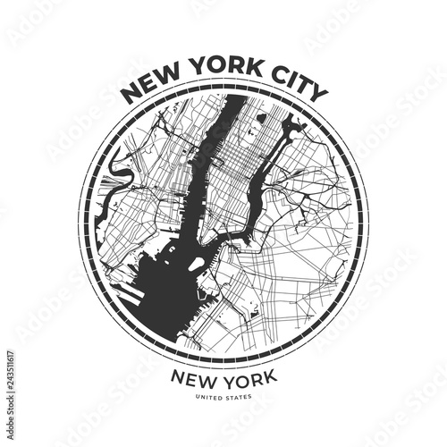 T-shirt map badge of New York City, New York