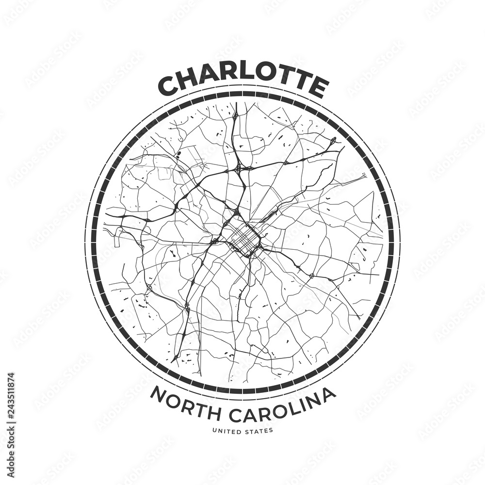 T-shirt map badge of Charlotte, North Carolina