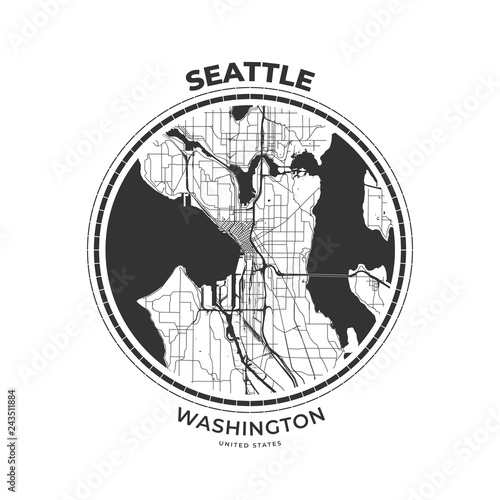 T-shirt map badge of Seattle, Washington