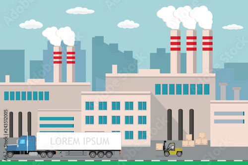 Industrial factory,city view on background,Delivery long truck and forklift