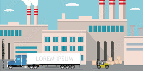 Industrial factory,city view on background,Delivery long truck and forklift