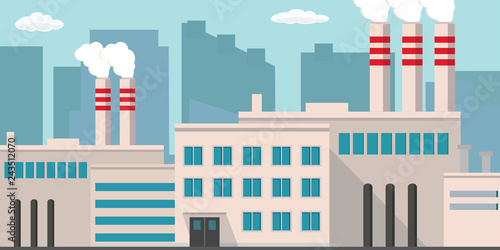 Industrial factory building,pipe with smoke,flat design style